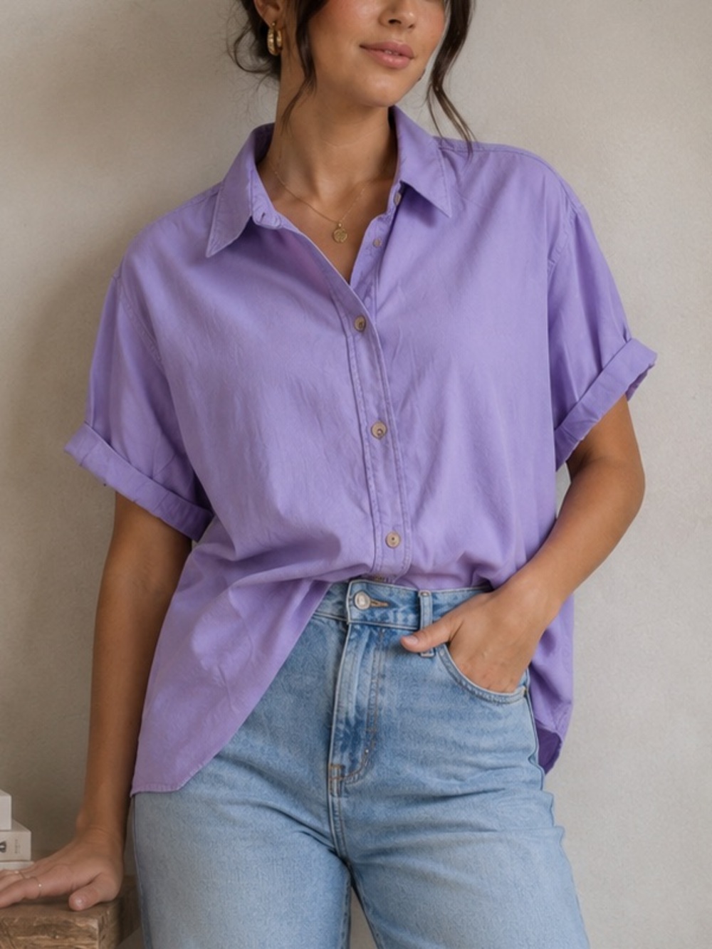 Denim Forum Aritzia Lilac Purple Oversized Button Up Short Sleeve Shirt (Size S)